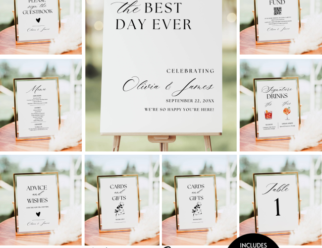 Modern Elegant Wedding Sign Bundle, 70+ Minimalist Wedding Signs Template, Luxury Calligraphy Wedding Reception Sign Set Editable Printable