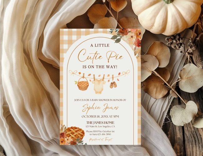 Cutie Pie Baby Shower Invitation Template, A Little Cutie Pie is on the Way Baby Shower Invite, Boho Fall Autumn Baby Brunch Invite Editable