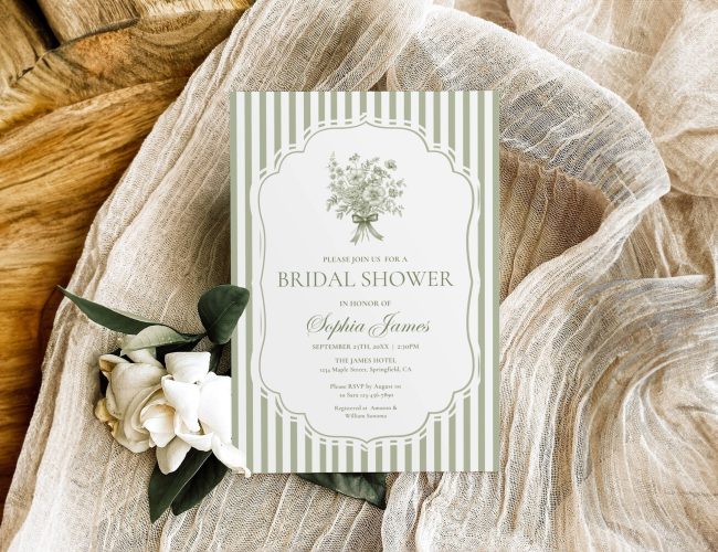 Sage Green Bridal Shower Invitation Template, Stripe Boho Floral Shower Invite Elegant Vintage Coquette Floral Bridal Brunch Invite Editable