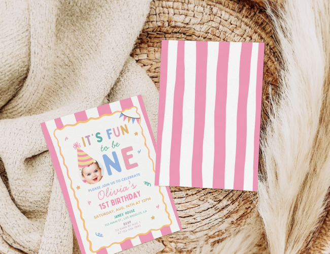 Fun to Be One Birthday Party Invitation Template, 1st First Birthday Invite, Photo Pink Stripe Girl Birthday Evite Printable Canva Editable