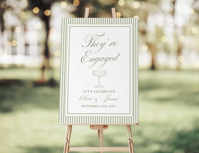 Engagement Party Welcome Sign Template They're Engaged Engagement Sign Old Money Sage Green Stripes She said Yes Welcome Signage Editable
