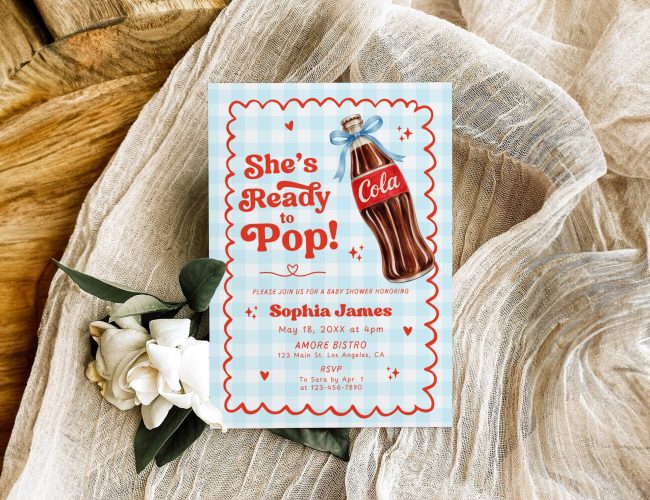 She’s Ready to Pop Baby Shower Party Invitation Template, Soda Pop Baby Shower Invite, Blue Gingham Retro Boy Baby Shower Invite Printable