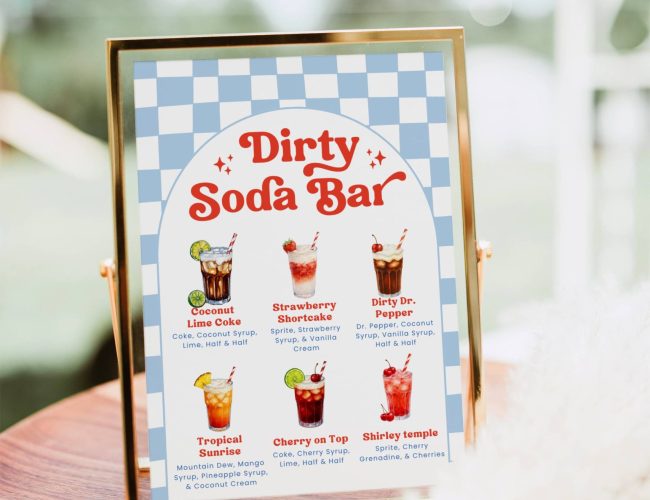 Ready to Pop Dirty Soda Bar Sign Template, Editable Canva Menu, Retro Blue Checkered Soda Bar, Baby Shower Drink Recipes, Instant Download